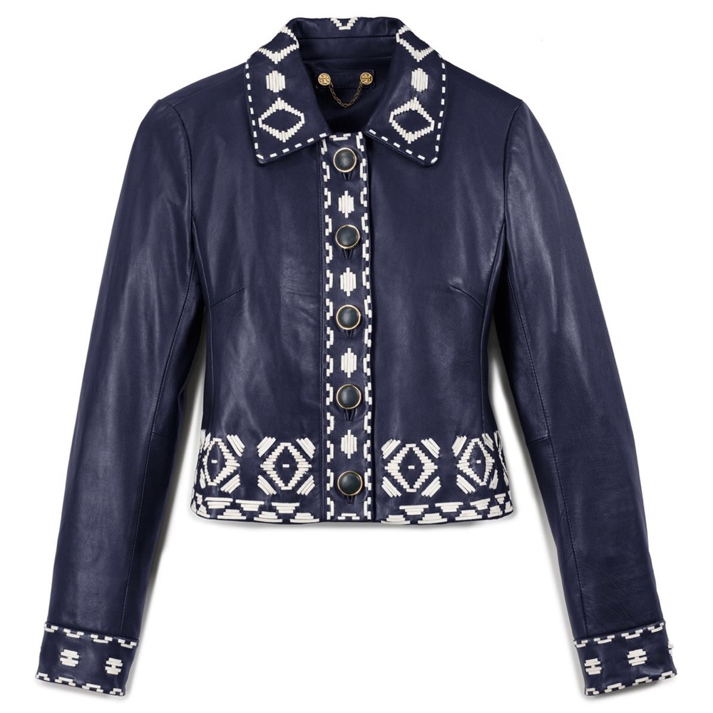 Tory Burch Blue Lambskin Leather Brianna Jacket